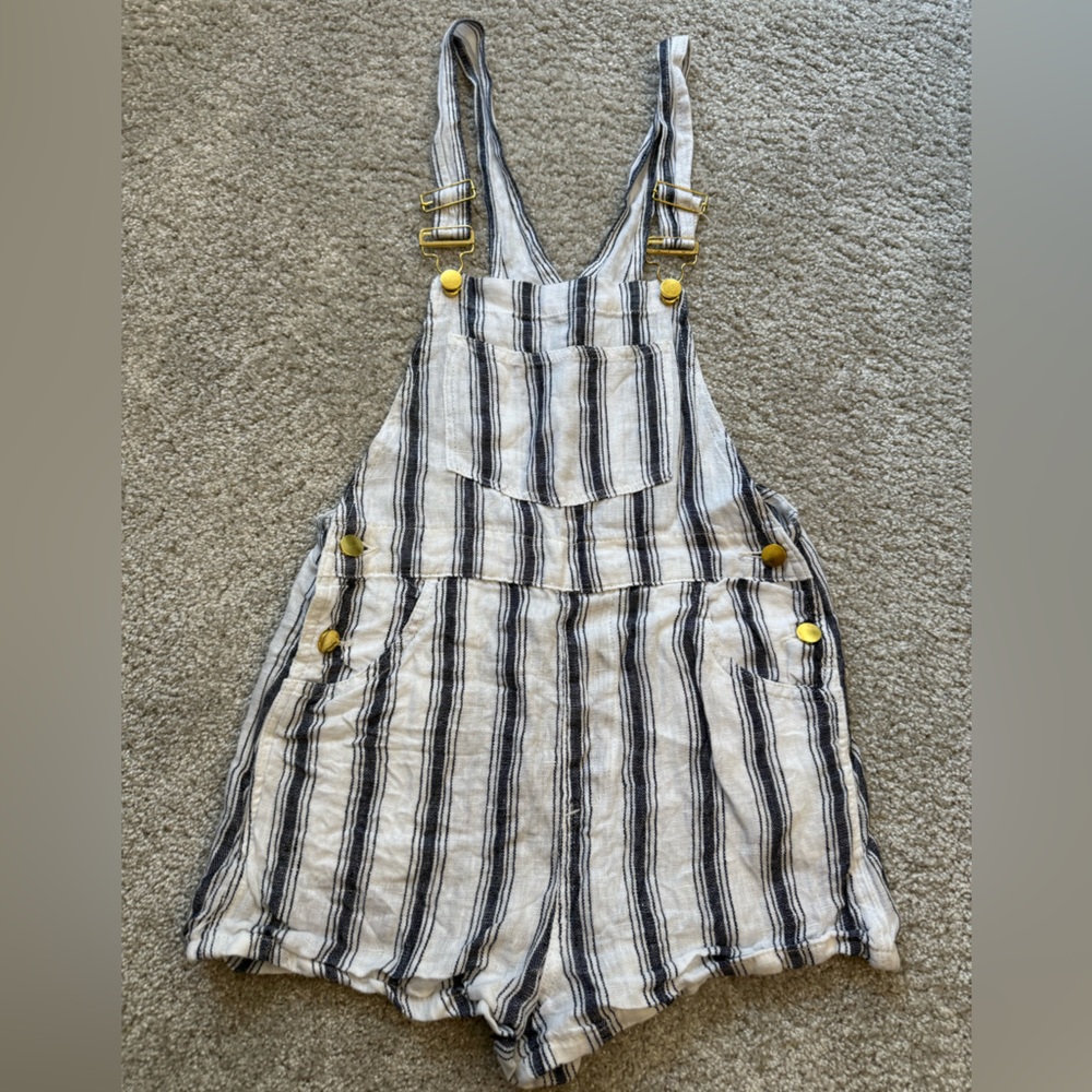 WeWoreWhat Striped Linen Overalls with Gold Buttons
